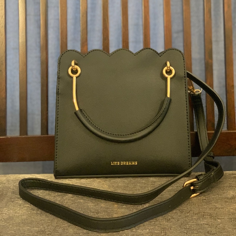 Black scalloped top handle bag